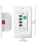 Universal Ceiling Fan Wall Remote Control With 3 Speeds And Light Dimmer, 4-DIP Switch shown front and side view