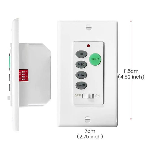 Universal Ceiling Fan Wall Remote Control With 3 Speeds And Light Dimmer, 4-DIP Switch shown front and side view