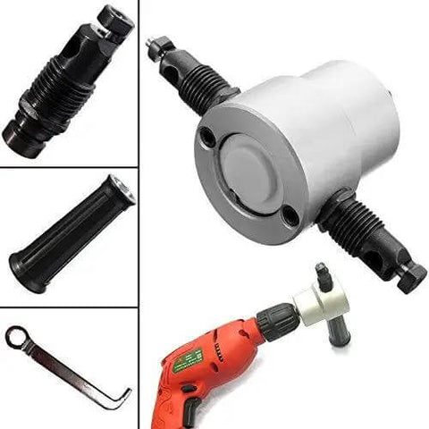 Double Head Sheet Metal Nibbler Saw Cutter For Electric Drill Attachment With Wrench, grip, and extra parts, 360-degree adjustable head.