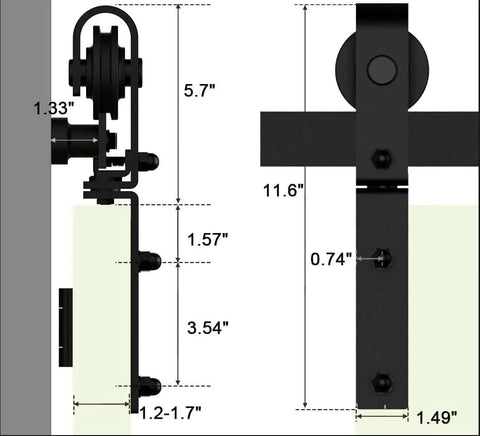 Detailed view of Bi Folding Sliding Barn Door Hardware Kit showing dimensions for black J shape rollers and track components.