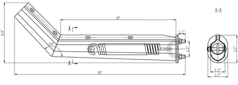 Technical drawing of an Angled Mud Flap Hanger With Spring Loaded Action Stainless Steel Class 430 27 Inch Length 2.5 Inch Bolt Spacing.