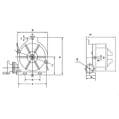 Technical drawing of 3 Jaw Chuck Indexing Head For Milling Machines 6 Inch 8 Inch And 10 Inch CNC Rotary Spindle dimensions.