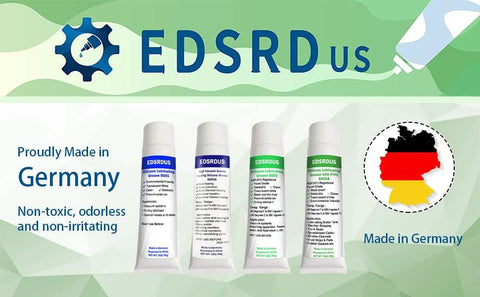 Front view of EDSRD Us SG01A high-vacuum silicone grease tubes, 4×8 oz (240 g) pack, Made in Germany.