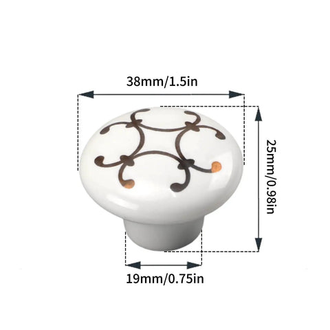 Ceramic Hand Painted Flower Drawer Knobs Set, Vintage Floral Cabinet Knobs in white finish with measurement details