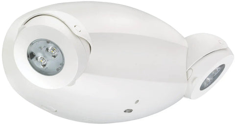 Close-up of Quantum LED Emergency Light With 2 Adjustable Heads, Contemporary Commercial Ceiling Or Wall Mount, White Thermoplastic, Dual Voltage 120/277V For Hallways And Stairwells.
