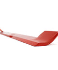 Side view of a single red metal blade, part of Three Hi Lift Sixty Inch Deck Blades For Zero Turn Mowers Fits ZT CZT Maverick Pup Replacement Blades With Twenty Point Five Inch Length And Two Point Five Inch Width And Five Eighth Inch Center Hole.