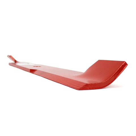 Side view of a single red metal blade, part of Three Hi Lift Sixty Inch Deck Blades For Zero Turn Mowers Fits ZT CZT Maverick Pup Replacement Blades With Twenty Point Five Inch Length And Two Point Five Inch Width And Five Eighth Inch Center Hole.