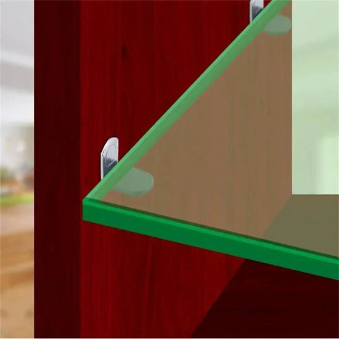 Beefy Heavy Duty Cabinet Shelf Brackets With Steel Wall Mount Supports installed on wooden panel with glass shelf