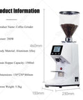 Rugged Commercial Coffee Grinder With 19 Grind Settings And 60Mm Flat Burr Stainless Steel Body in white, showing grind settings and dimensions.