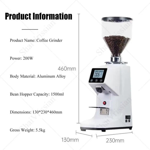 Rugged Commercial Coffee Grinder With 19 Grind Settings And 60Mm Flat Burr Stainless Steel Body in white, showing grind settings and dimensions.