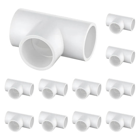 12 Pack 3/4 Inch PVC Tee Fittings for SCH40 Pipe, furniture grade 3 way connectors displayed on white background