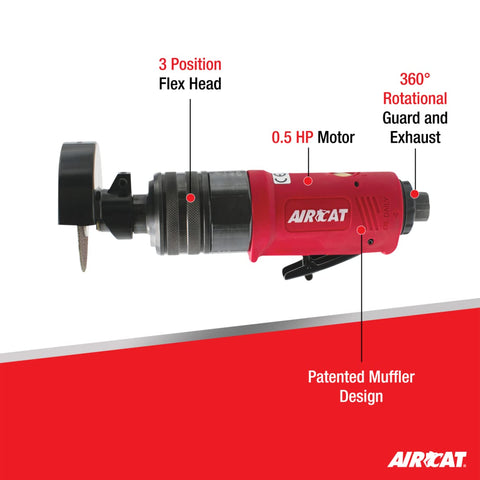 Pneumatic Cut Off Tool With Flex Head, 3 Inch, Beefy 0.5 HP, 18,000 RPM, Quiet Muffler Tech, 360 Degree Guard, Ergonomic Handle