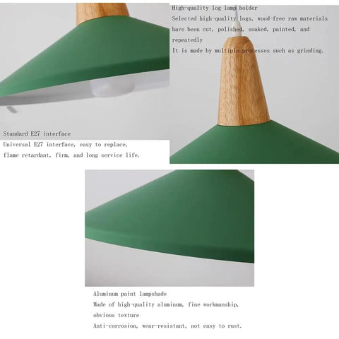 Close-up of KCEYANB Adjustable Height Pendant Light Modern Simplicity Metal Hanging Lamp with green shade and wood holder.
