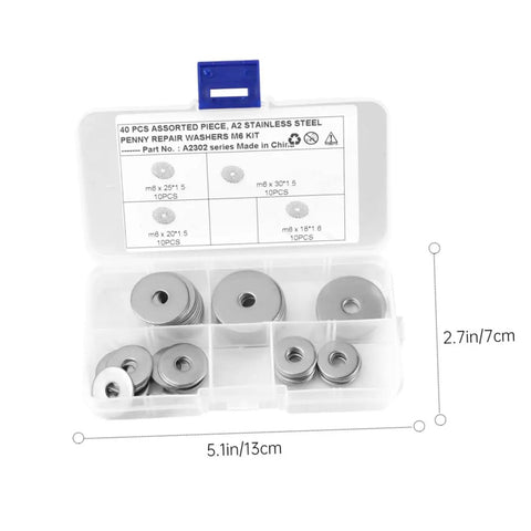 Stainless Steel Flat Washers 40 Pcs Ultrathin Shim Set Penny Style Gasket Kit For Fasteners Prevent Loosening And Spacing Corrosion Resistant Built Tough Hardware, 13 x 7 cm case