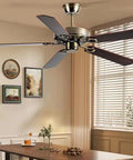 Straight Up Silent Remote Control Ceiling Fan With Six Speed Settings And High Octane Motor For Living Room Or Covered Porch Featuring Modern Wood Blades in a living room setting