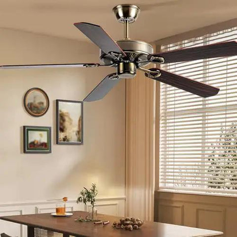 Modern Wooden Ceiling Fan With Remote Controlled Six Speed Settings Ultra Silent Motor 1100mm Blade Span in living room interior.
