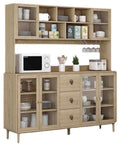 Wooden kitchen hutch with open shelving and cabinets, microwave on countertop, assorted mugs and plates displayed.