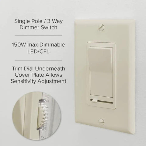 LED Slide Dimmer Rocker Switch For No Fuss Easy Install 3 Way Or Single Pole Ivory Finish 600W Incandescent Max 150W Dimmable LED CFL Smooth Dimmer Control For Home Lighting, ivory wall plate with slide dimmer