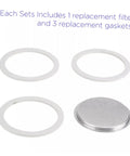 Image of Silicone Gasket Replacement Set 10 Pieces For Coffee Pot Lids And Jar Seals Great For Coffee Nerds And Everyday Kitchen Gear Keeps Coffee Fresh And Aroma Locked In For Your Home Brewing Game with three white gaskets and one metal filter.