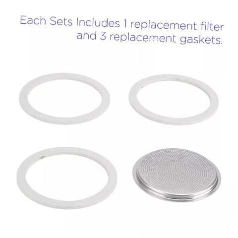 Image of Silicone Gasket Replacement Set 10 Pieces For Coffee Pot Lids And Jar Seals Great For Coffee Nerds And Everyday Kitchen Gear Keeps Coffee Fresh And Aroma Locked In For Your Home Brewing Game with three white gaskets and one metal filter.