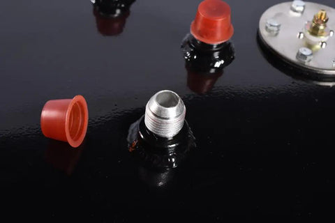 Close-up of 14 To 15 Gallon Aluminum Fuel Cell Tank With 1.75 Inch Filler Neck For Ready To Race Universal Gas Tank For Street Drift And Pontoon Boats Marine Use Includes Level Sensor Lightweight Rust Resistant's filler neck and cap.