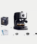 15 Bar Espresso Machine 1100W with Milk Frother and Steam Wand, boxed accessories and removable drip tray displayed