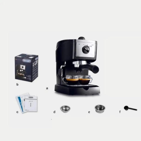15 Bar Espresso Machine 1100W with Milk Frother and Steam Wand, boxed accessories and removable drip tray displayed
