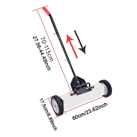 Heavy Duty Metal Sweeper Cart For Garage Pickup. 24 Inch Wide Steel Broom With Adjustable Handle. Perfect For Picking Up Nails, Screws And Shop Trash In Automotive Repair Shops Or Workshops. Easy To Use And Efficient.
