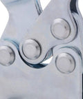 Close-up of a heavy duty horizontal toggle clamp pivot mechanism for welding and woodworking.
