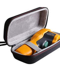LTGEM hard travel case (open view) with gray interior, holding a yellow Fluke infrared thermometer.