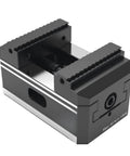 Heavy Duty Self Centering Workbench Vise Featuring Iron Grip Serrated Steel Jaws, grayscale design with serrated jaws for secure clamping.