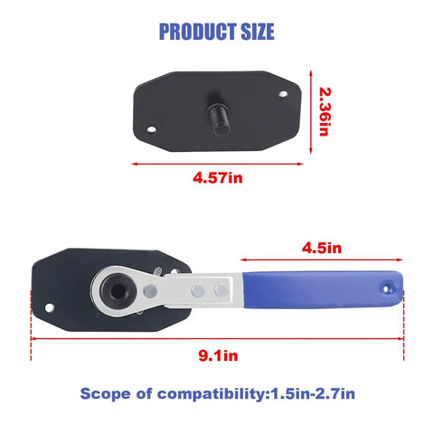 Brake Caliper Press Tool With 360 Degree Swing Ratchet Piston Spreader shown with size dimensions