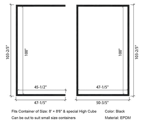 Shipping container door seal gasket kit, 3-sided left-hand, fits 8'6" high-cube containers, black EPDM rubber