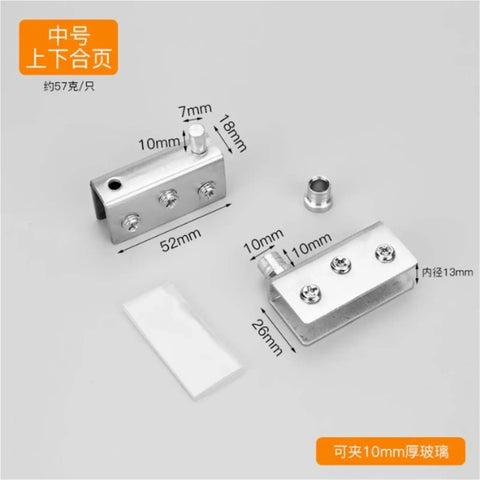 Two Pack Stainless Steel Glass Door Hinges for 5-8mm, 8-10mm, and 10-12mm Frameless Panels, detailed view with measurements
