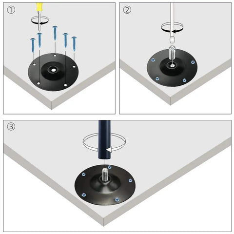 Illustration of installing Adjustable 28 Inch Metal Desk Legs Set Of 4 in Heavy Duty Black Finish on a table corner with screws.