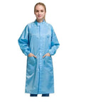 Woman wearing Straight Up ESD Anti Static Lab Coat With Long Sleeve For Men And Women Solid Stand Collar Zip Front Science Jacket Built Different Polyester Workwear Uniform That Handles Every Rough Shift Without Skipping A Beat In Clean Blue.