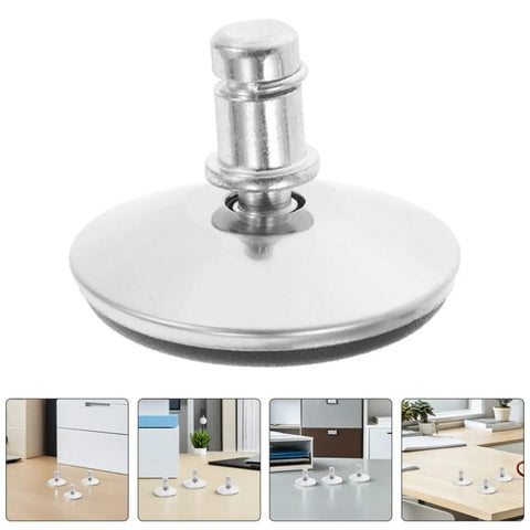 Heavy Duty Adjustable Furniture Levelers With 12 Piece Wobble Free Swivel Base For Tables Cabinets And Chairs Noise Reducing Plastic Metal Feet No Skid Tight Setup close-up of swivel base with steel top and plastic underside.