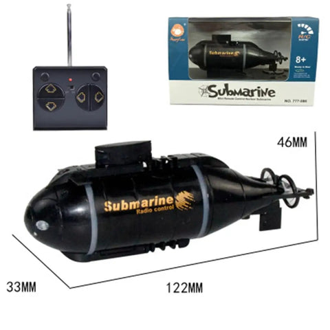 RC Nuclear Submarine With 2.4G 6CH Remote Control, Electric Submarine Boat Model For Pools And Baths, shown with packaging and dimensions.