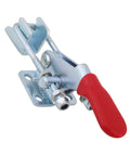 Latch Type Toggle Clamp Set 4 Piece Metal Hand Tools Kit for vehicle manufacturing close-up with red handle, quick release feature