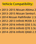 Vehicle compatibility list for Mass Air Flow Sensor Easy Drop In Replacement For Nissan Altima 2.5L 2013 To 2015, Sentra 1.8L 2013 To 2015.
