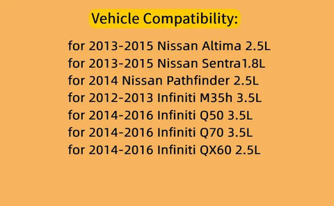 Vehicle compatibility list for Mass Air Flow Sensor Easy Drop In Replacement For Nissan Altima 2.5L 2013 To 2015, Sentra 1.8L 2013 To 2015.