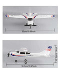 Adult RC Airplane With 3 Channel 3D6G Fixed Wing RTF Plane, front and side view, showing dimensions of wingspan and fuselage length.