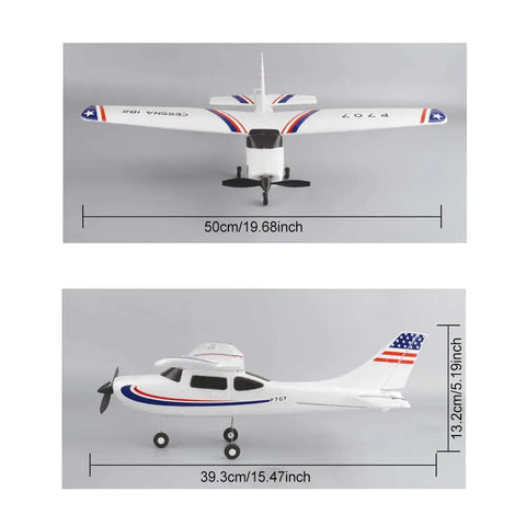 Adult RC Airplane With 3 Channel 3D6G Fixed Wing RTF Plane, front and side view, showing dimensions of wingspan and fuselage length.