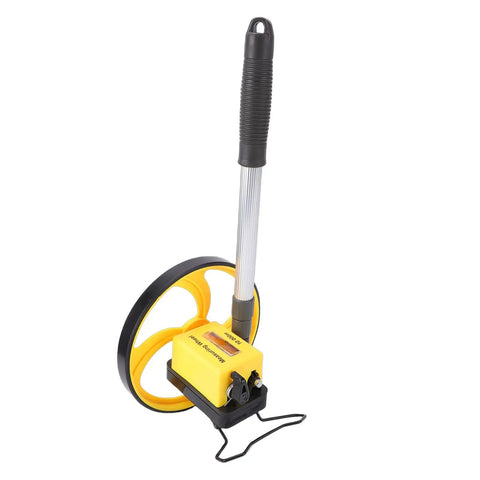 Eujgoov 8 inch Measuring Wheel for Construction with Telescopic Pole and showing adjustable handle and yellow measuring wheel.