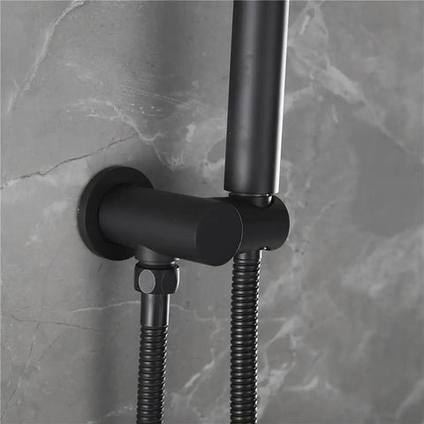 Wall-mounted matte black bathtub faucet with handheld shower sprayer, showcasing stainless steel hose connection and brass body
