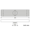 Heavy Gauge Stainless Steel Rectangle Shower Drain With Tile Insert Grate removable cover top view with dimensions 300x68mm.
