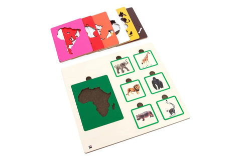 Continents And Animals Sorting Tiles Set For Kids 3-9: Color coded Africa board with matching animal tiles, wooden material.