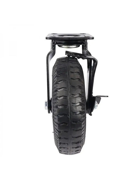 Hella Durable Eight Inch Pneumatic Rubber Wheel With Side Brake Universal Hotel Luggage Cart Caster For Heavy Duty Baggage Trolley No Sweat Smooth Rolling Setup, showing front view of wheel and brake.