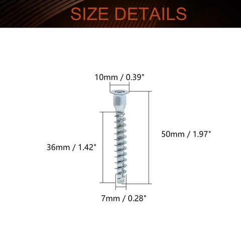 Size details of Self Drilling Confirmat Screws M7x50mm for woodworking with blue finish, showing dimensions and hex drive.