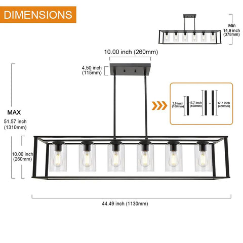 Modern Kickin Farmhouse Pendant Lighting For Kitchen Island With Black Finish, Square Metal Cage, Industrial Chandelier With Alabaster Glass Shades dimensions diagram